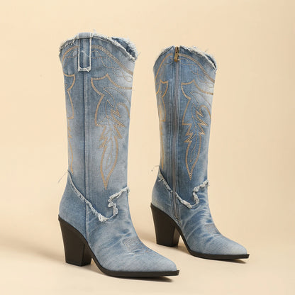 Autumn and Winter New Women's Pointed Toe Raw Edge Side Zipper Thick Heel High Heel Boots Retro Western Cowboy Boots