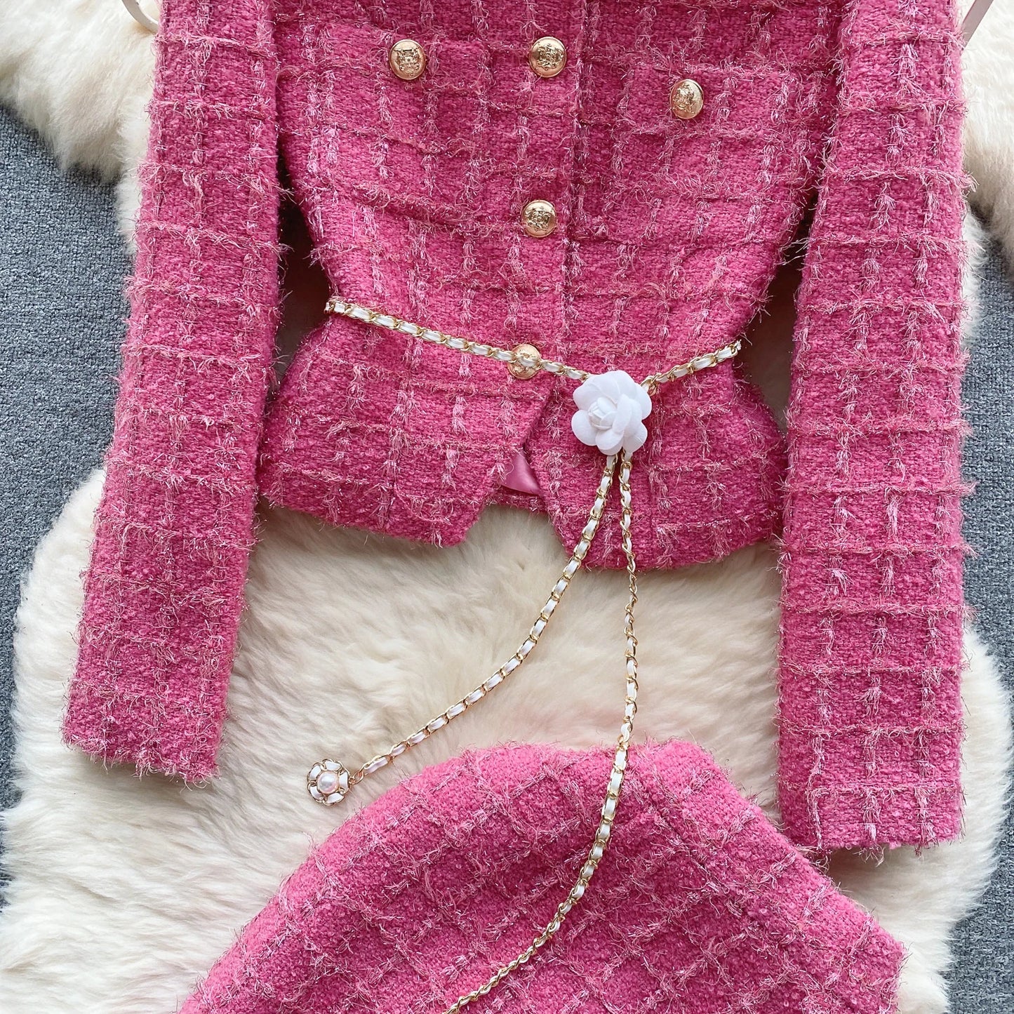 Boutique Wholesale 2026 Autumn New High-end Woolen Cardigan Jacket Split Mid Length Skirt Women's Set