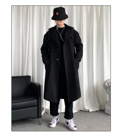 Mens Hooded Long Woolen Coats Oversized Solid Color Winter Windbreaker Korean Style Casual Outwear