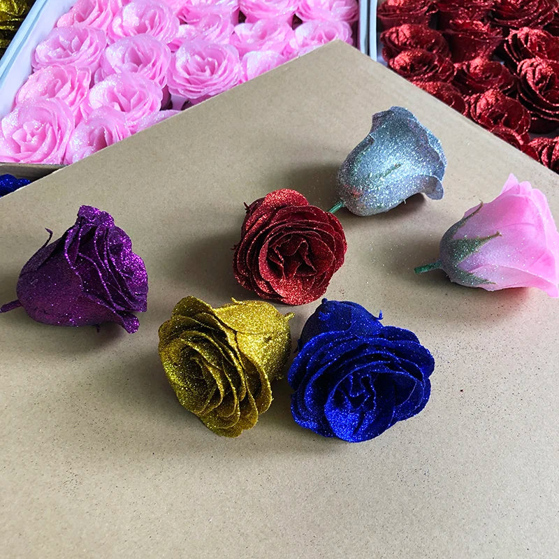 Cheap Wholesale 50pcs Golden Powder Bling Rose Head Bouquet Wrapped Gift Box Artificial Silk Flowers Waterproof Flower in Bulk