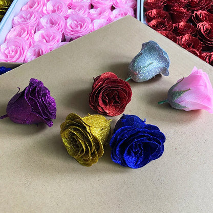 Cheap Wholesale 50pcs Golden Powder Bling Rose Head Bouquet Wrapped Gift Box Artificial Silk Flowers Waterproof Flower in Bulk