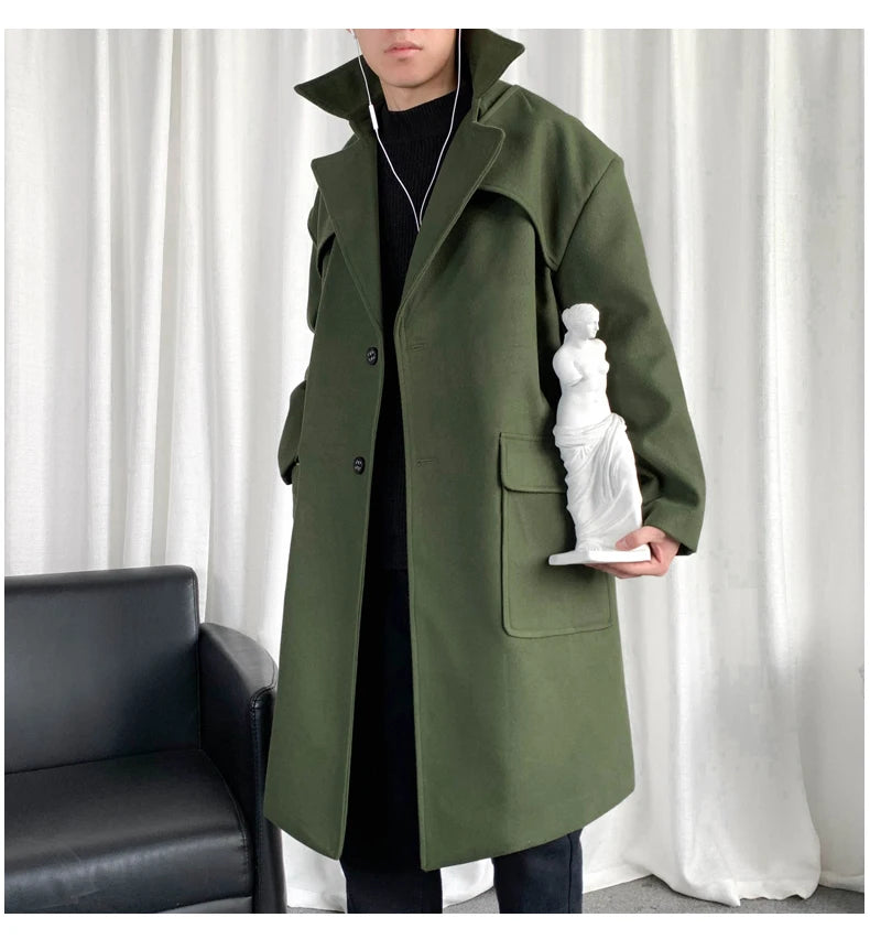 Mens Hooded Long Woolen Coats Oversized Solid Color Winter Windbreaker Korean Style Casual Outwear