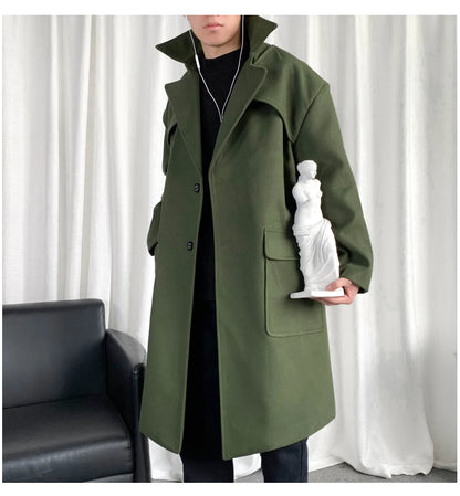 Mens Hooded Long Woolen Coats Oversized Solid Color Winter Windbreaker Korean Style Casual Outwear