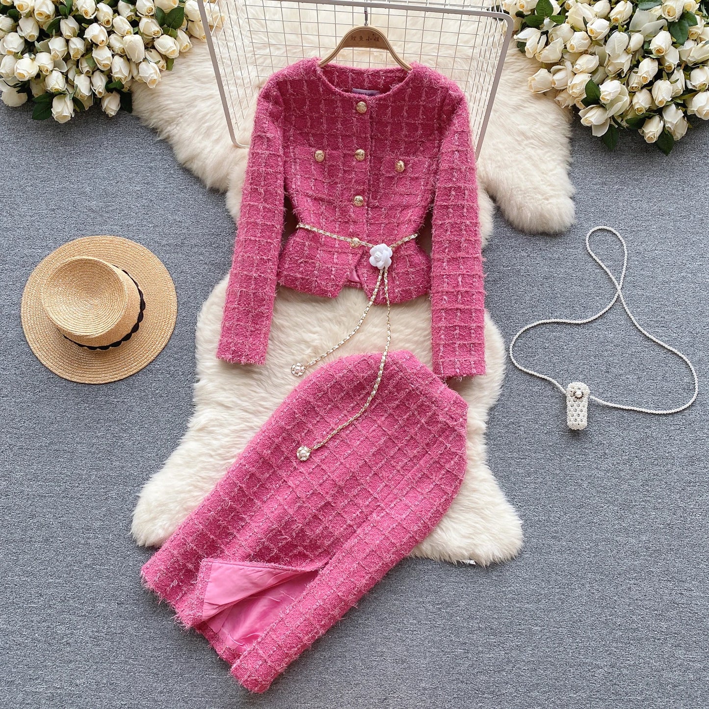 Boutique Wholesale 2026 Autumn New High-end Woolen Cardigan Jacket Split Mid Length Skirt Women's Set