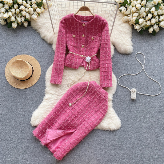 Boutique Wholesale 2026 Autumn New High-end Woolen Cardigan Jacket Split Mid Length Skirt Women's Set