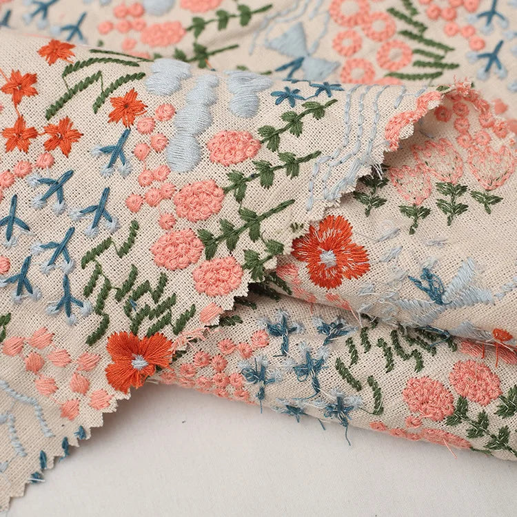 Width 125 cm Colorful Handmade Embroidery Plant Flowers Fabric Bamboo Cotton Linen Rayon Fabric for Cheongsam Dress Bag