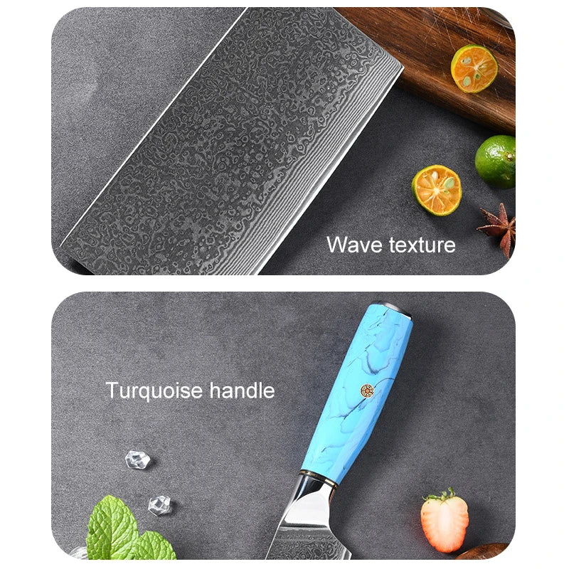 Customizable Kitchen Chef Knife Set 67-Layer Damascus Steel with Turquoise Handle for Food Preparation