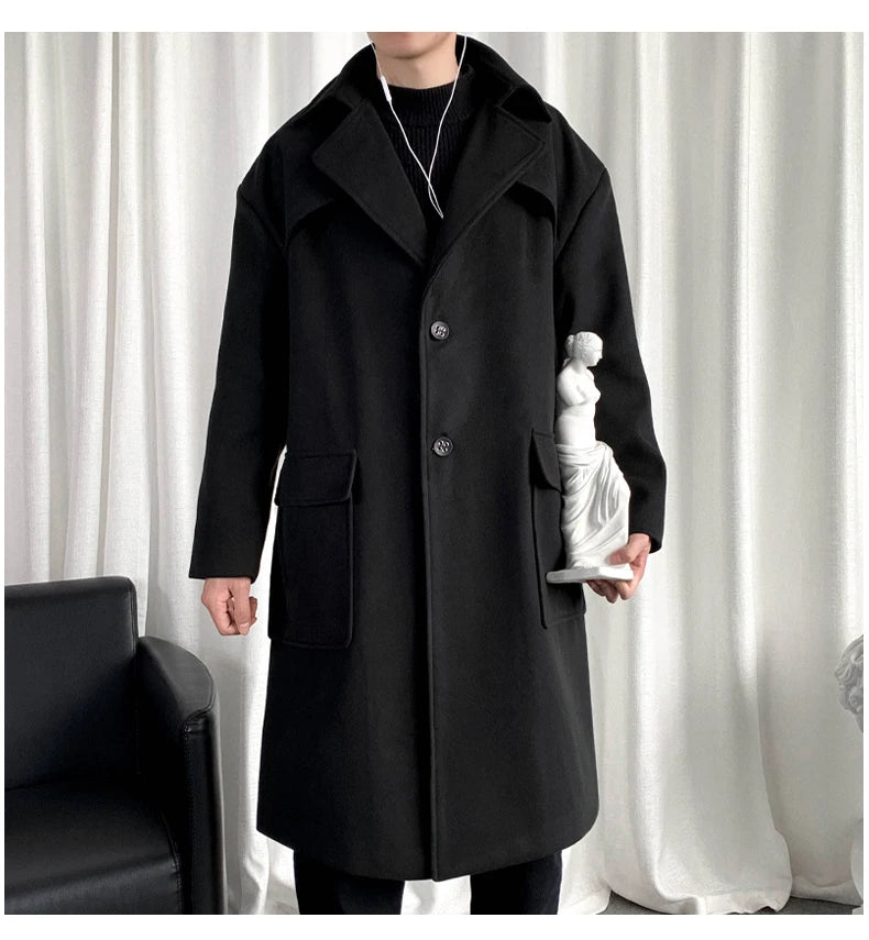 Mens Hooded Long Woolen Coats Oversized Solid Color Winter Windbreaker Korean Style Casual Outwear