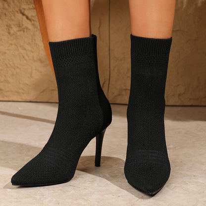 New Style Stiletto High Heel Knitted Women's Boots Elastic Pointed Toe Fashionable Women's Socks Boots 9CM Short Boots