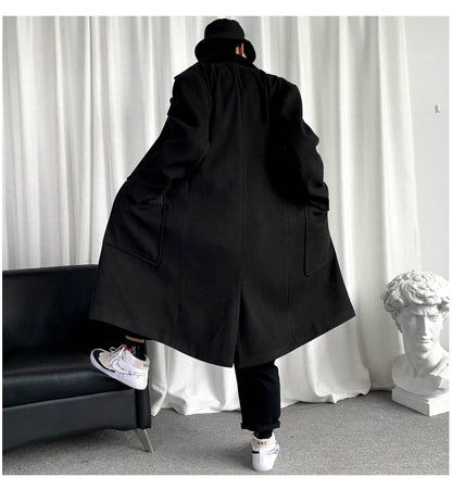 Mens Hooded Long Woolen Coats Oversized Solid Color Winter Windbreaker Korean Style Casual Outwear