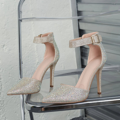 New Fashion Pointed Toe Stiletto Ankle Strap Women's High Heels Rhinestone Decoration 10.7cm Sexy Party Shoes