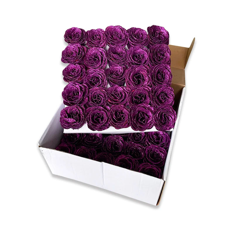 Cheap Wholesale 50pcs Golden Powder Bling Rose Head Bouquet Wrapped Gift Box Artificial Silk Flowers Waterproof Flower in Bulk