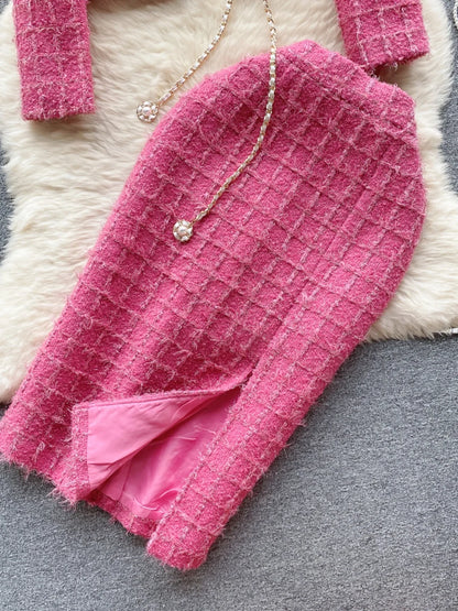 Boutique Wholesale 2026 Autumn New High-end Woolen Cardigan Jacket Split Mid Length Skirt Women's Set