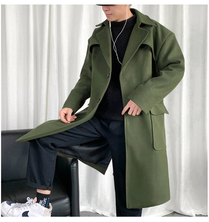 Mens Hooded Long Woolen Coats Oversized Solid Color Winter Windbreaker Korean Style Casual Outwear