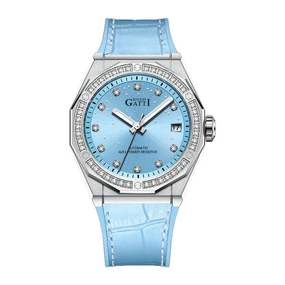Bonest Gatti Fashion Mechanical Automatic Skeleton Lady Fashion Luxury  Watch for Women  Mosan Diamond Dial Leather Strap Watch