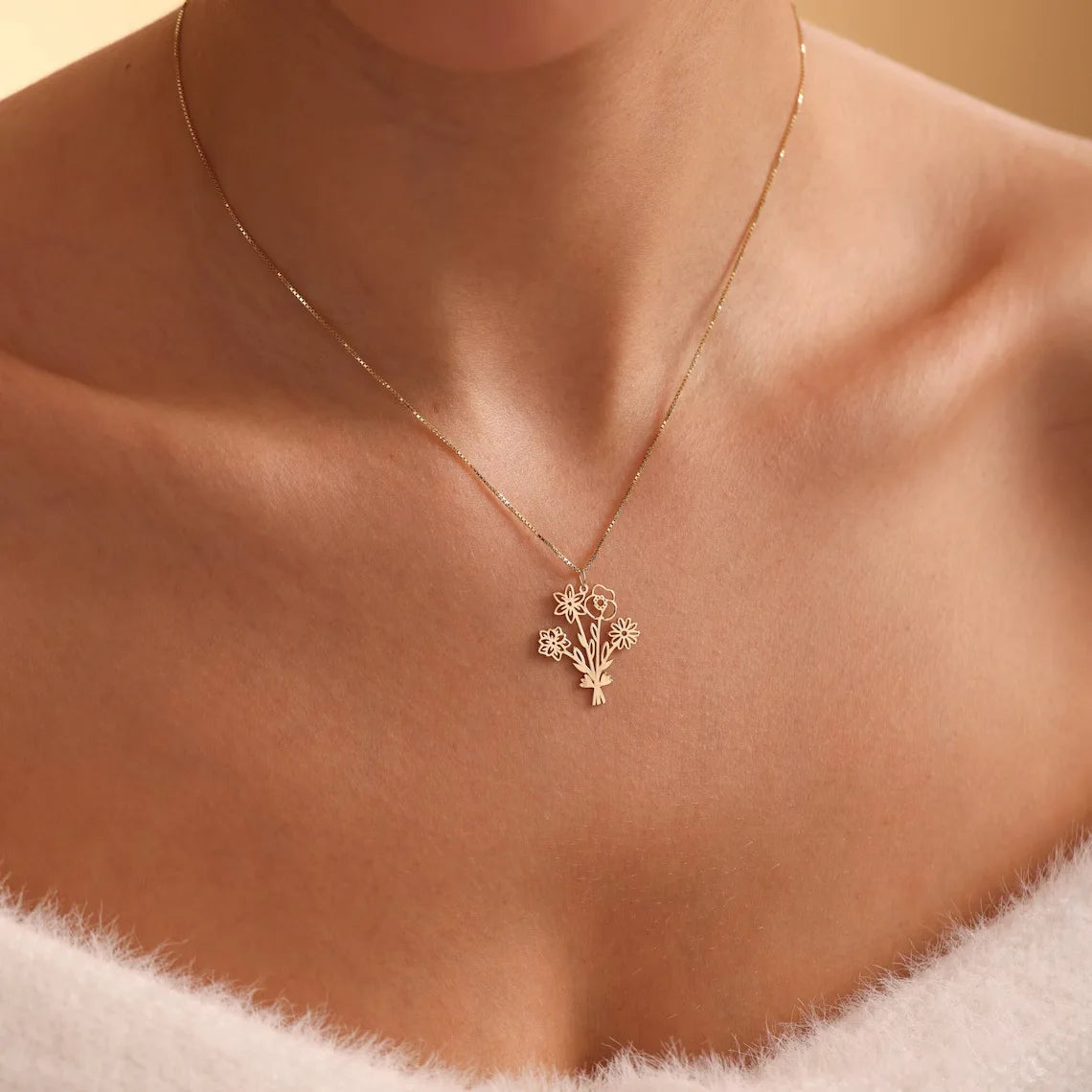 Qiuhan Bouquet Stainless Steel Jewelry Gift for Women 18K Gold Birth Flower Necklace