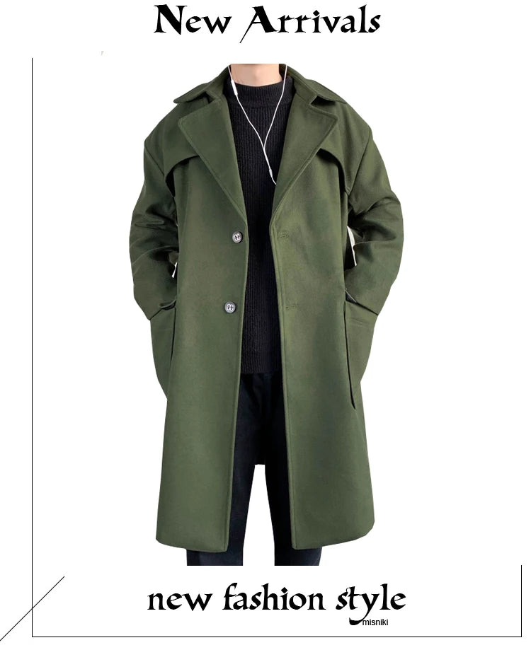 Mens Hooded Long Woolen Coats Oversized Solid Color Winter Windbreaker Korean Style Casual Outwear