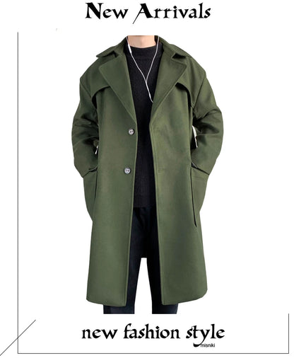 Mens Hooded Long Woolen Coats Oversized Solid Color Winter Windbreaker Korean Style Casual Outwear