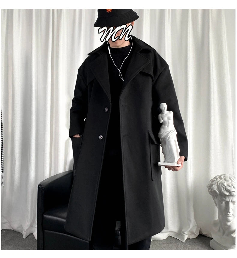 Mens Hooded Long Woolen Coats Oversized Solid Color Winter Windbreaker Korean Style Casual Outwear