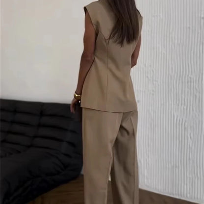 2025 Women Elegant Solid Jacket Pants Set Sleeveless Double Breasted Stand Collar Top Straight High Waist Trousers Women Suit