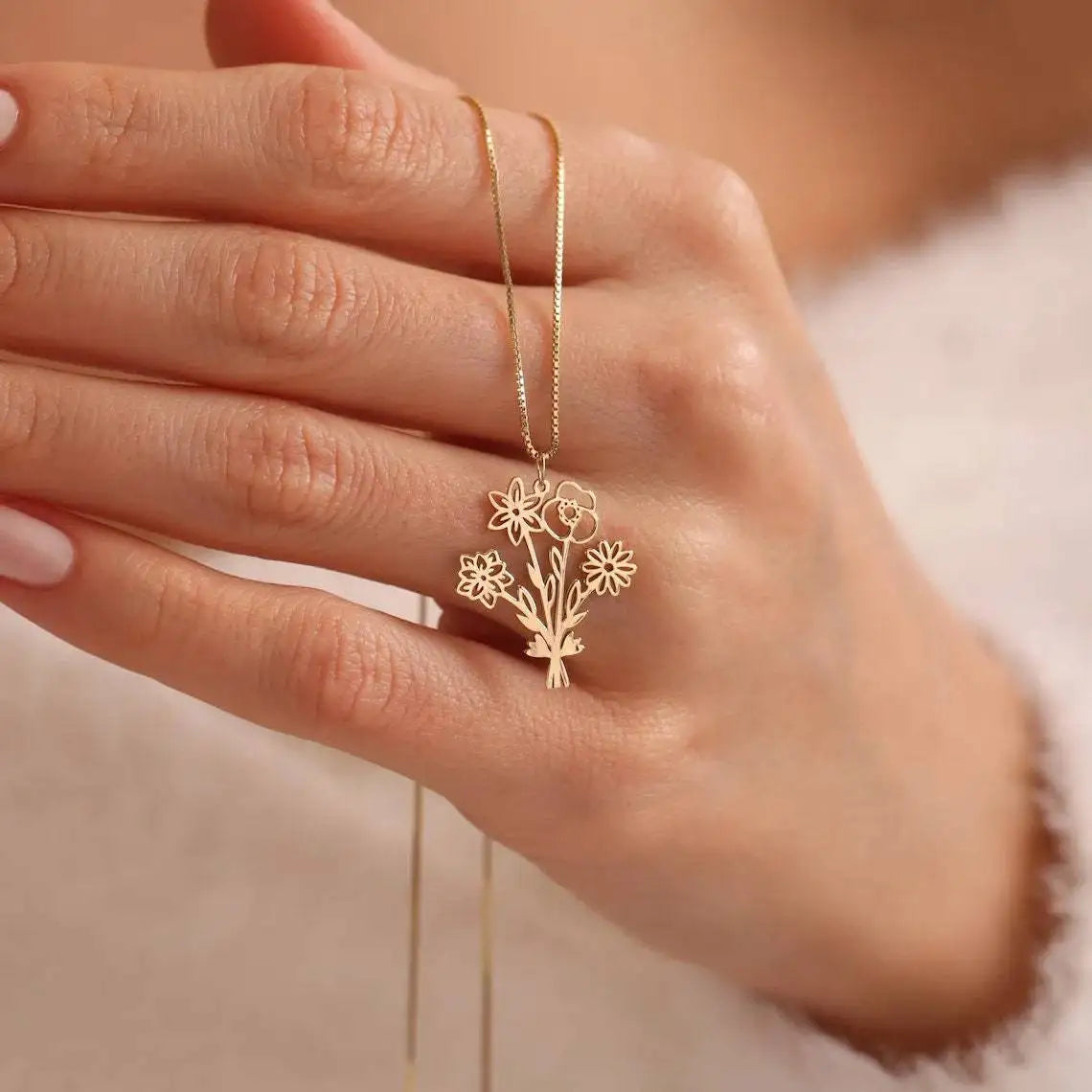 Qiuhan Bouquet Stainless Steel Jewelry Gift for Women 18K Gold Birth Flower Necklace