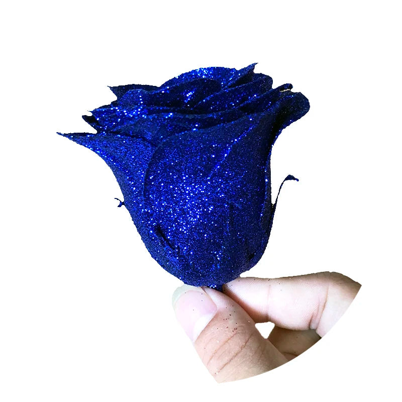 Cheap Wholesale 50pcs Golden Powder Bling Rose Head Bouquet Wrapped Gift Box Artificial Silk Flowers Waterproof Flower in Bulk