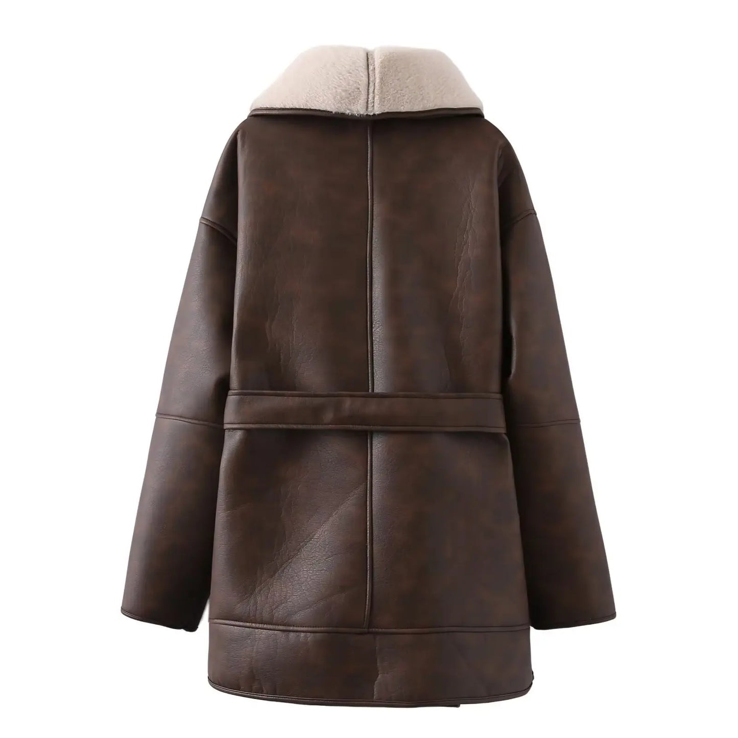 Chocolate Brown High Quality Women Leather Coat With Fur Long Sleeve Women's Faux Fur Coats Winter Clothing Overcoat Jacket