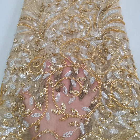 Width 125 cm Polyester Embroidered Tulle Mesh Fabric Gold Sequins Beads Fabric for Women Fashion Wedding Bridal Dress