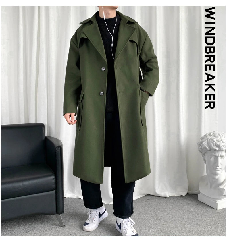 Mens Hooded Long Woolen Coats Oversized Solid Color Winter Windbreaker Korean Style Casual Outwear
