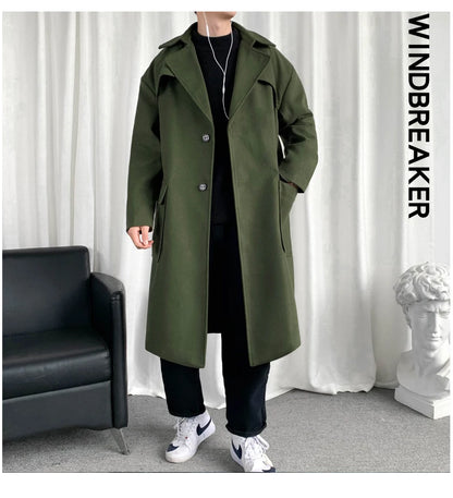 Mens Hooded Long Woolen Coats Oversized Solid Color Winter Windbreaker Korean Style Casual Outwear