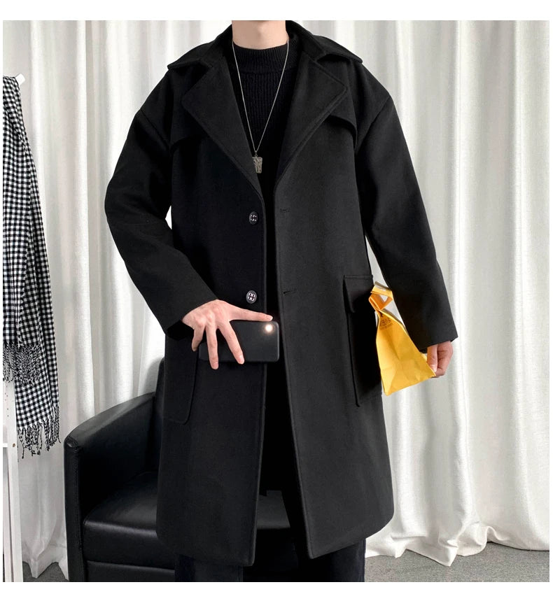 Mens Hooded Long Woolen Coats Oversized Solid Color Winter Windbreaker Korean Style Casual Outwear