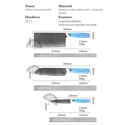 Customizable Kitchen Chef Knife Set 67-Layer Damascus Steel with Turquoise Handle for Food Preparation