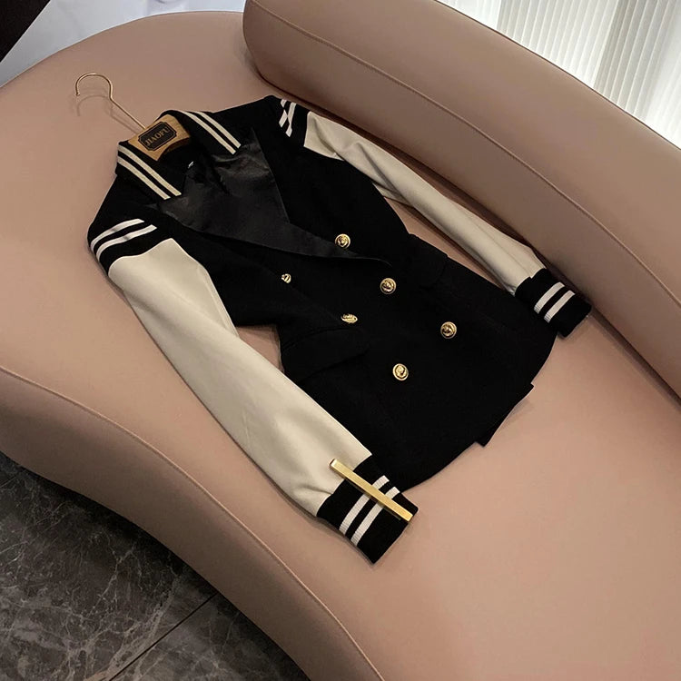 Custom Designed Black White Colorblock Lady Baseball Jacket Women Long Sleeve Double-breasted Patchwork Striped Blazer