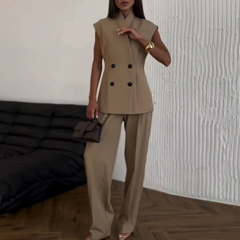 2025 Women Elegant Solid Jacket Pants Set Sleeveless Double Breasted Stand Collar Top Straight High Waist Trousers Women Suit