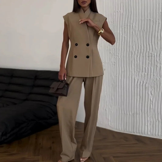 2025 Women Elegant Solid Jacket Pants Set Sleeveless Double Breasted Stand Collar Top Straight High Waist Trousers Women Suit