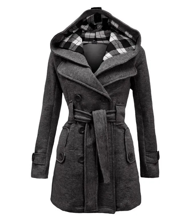 2025 Autumn Women's Hooded Overcoat Trend Double-Breasted Design Belt Side Pockets Plaid Splice Woolen Coats Winter Jacket Femme