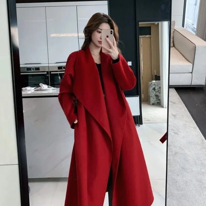 100% Wool Coat Women's Wear 2025 Autumn/Winter Fashion Temperament Double sided Cashmere Coats with Belt Elegant Long Overcoat