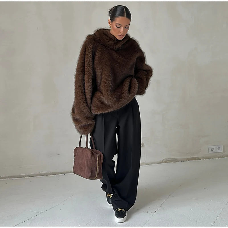 Fashion Furry Hooded Faux Fur Coats Women's Loose Long Sleeve Brown Warm Pullovers 2025 Autumn Winter Lady Casual Outwear