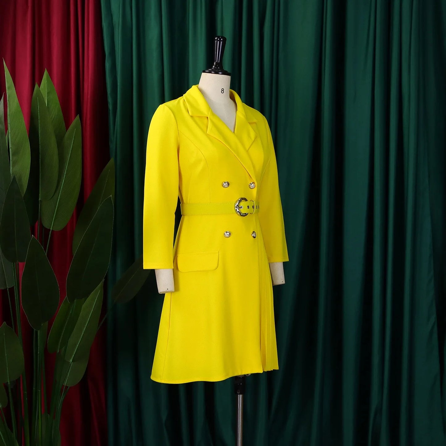 Women’s Elegant Notched Collar Dress, Long Sleeve Pleated Mid-Calf Dress with Waist Sash