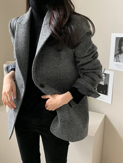 Wool Women Coats Jackets Blends Turn Down Collar Coat Thick Warm Y2k Streetwear Jacket Work Outerwear Slim Fit Autumn Winter