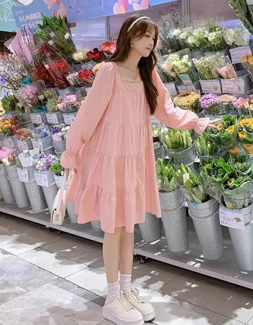 Women’s Pink Long Sleeve A-Line Dress – Elastic Waist, Casual, Party & Beach Style