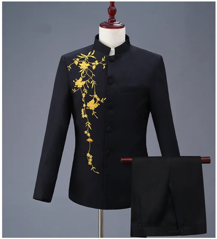 2025 New Men's Chinese Style Applique Suits Slim Fit Flower Set Male Wedding Prom Party Dress Blazers Jacket and Pants
