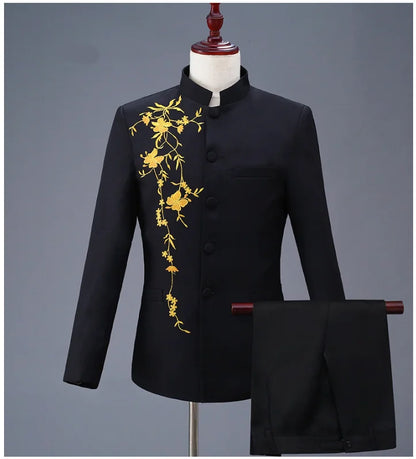 2025 New Men's Chinese Style Applique Suits Slim Fit Flower Set Male Wedding Prom Party Dress Blazers Jacket and Pants