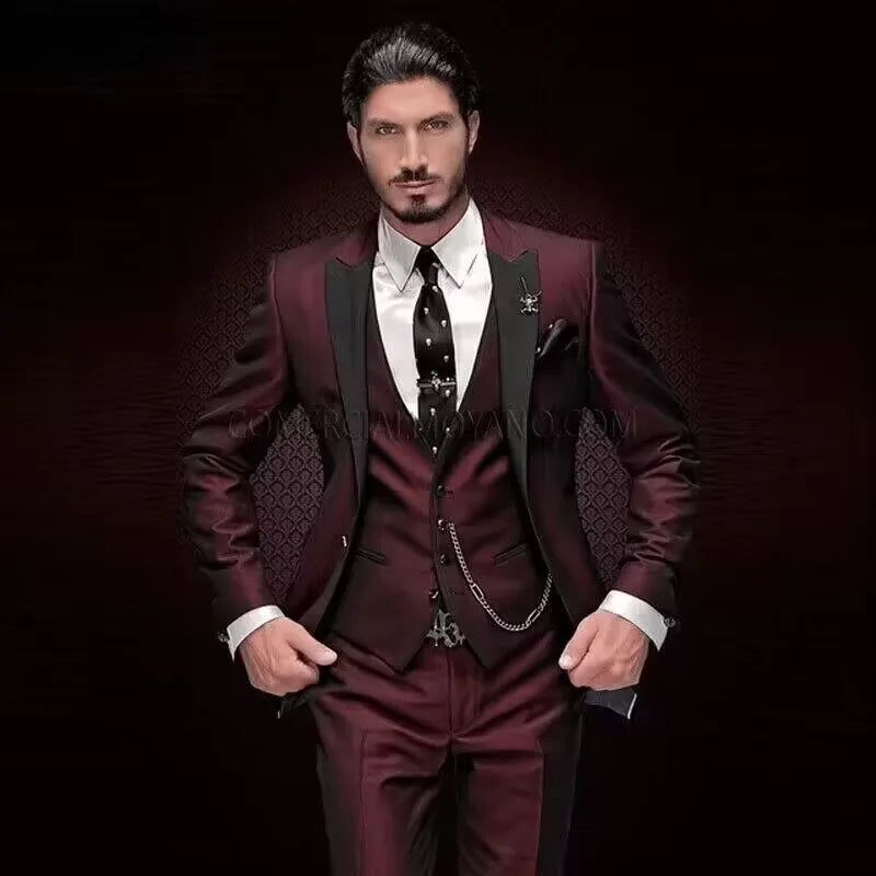 Fashion Men's 3piece Suit Sets Casual Trendy Business Solid Color Turn-down Collar Sngle Button Blazers Trousers Male Clothes
