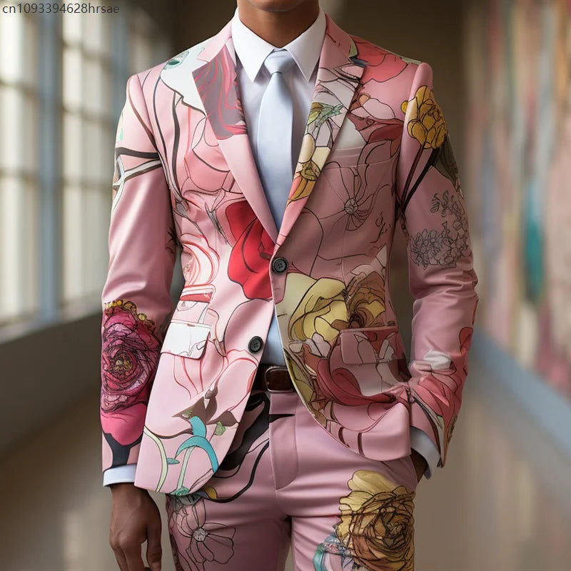 Men's Casual Suits Coat Trousers Digital Printing Exquisite Rose Flower Suit Cosplay Party Stage Nightclub Performance Costume