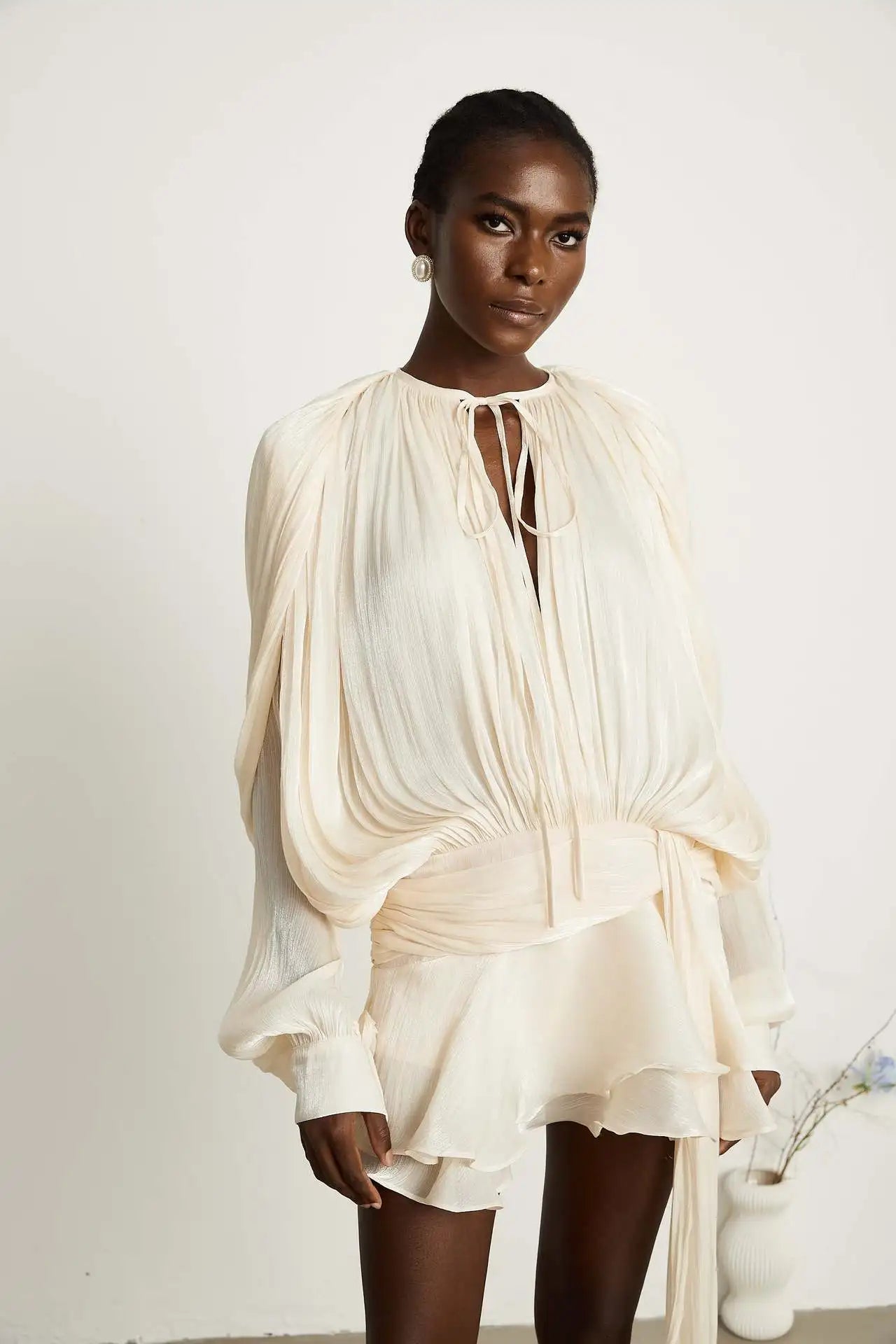 Dresses For Woman French Vestidos Elegant Puff Sleeve Dress Fashionable Loose Lace-up Solid Color Leace-up Simple Style Trendy