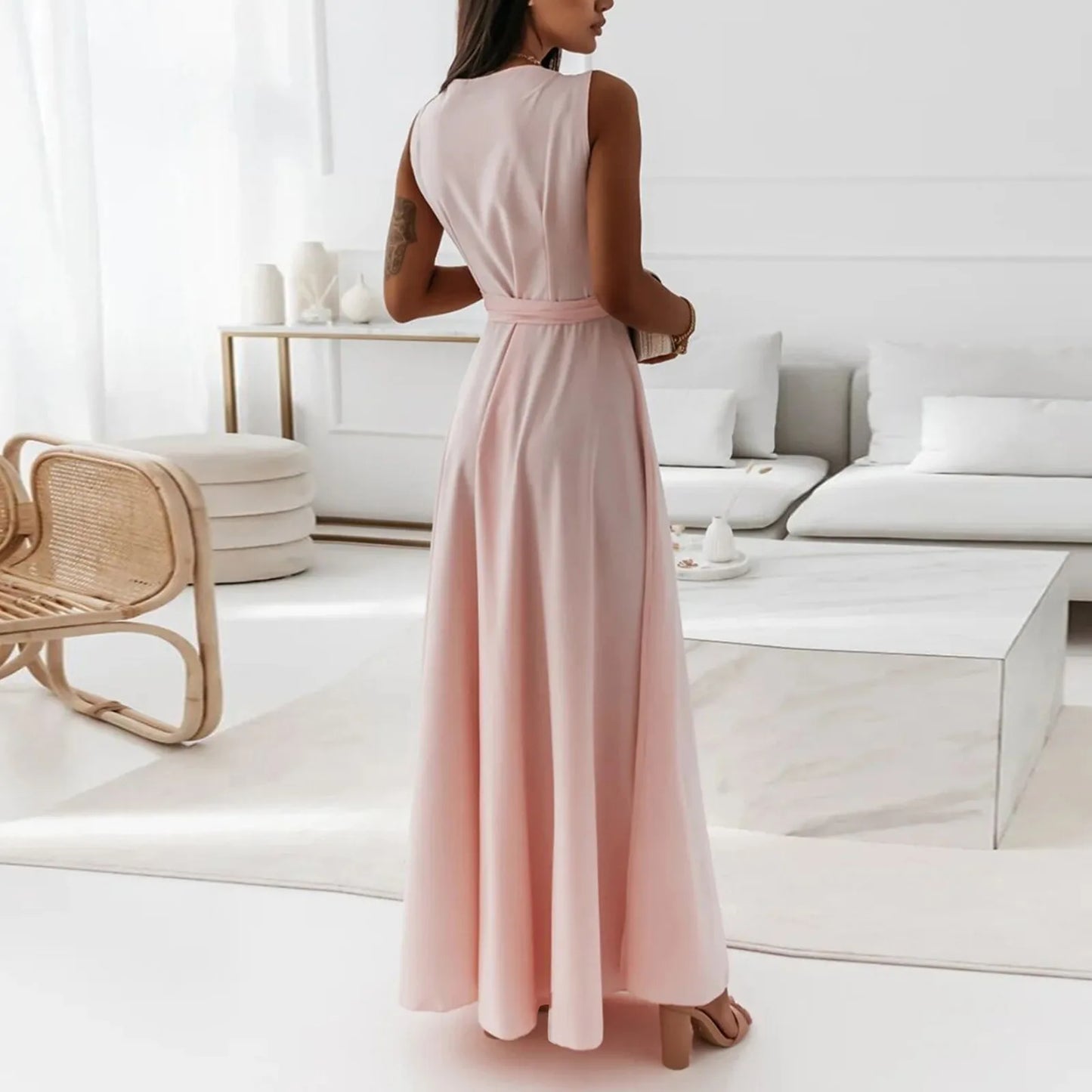 dresses for women elegant party dresses V-neck Sleeveless Belt Evening Dresses  Solid Color Solid Color dress vestidos femenino