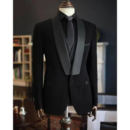 Men Suits High Quality Black Velvet 3 Piece Jacket Pants Vest Elegant Blazer Luxury Outfits Wedding Evening Party Costume Homme
