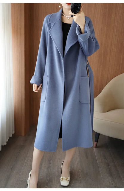 2024 Women's Wear 100% Wool Coat Autumn/Winter Fashion Temperament Double sided Cashmere Coats with Belt Elegant Long Overcoat
