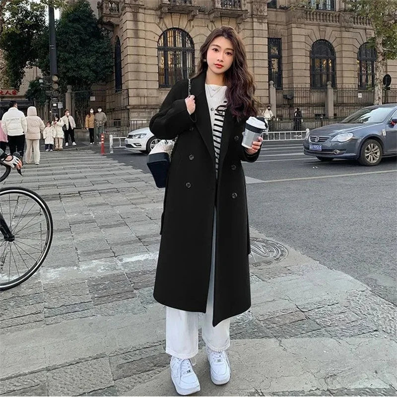 100% Wool Coat Women's Wear 2024 Autumn/Winter Fashion Temperament Double sided Cashmere Coats with Belt Elegant Long Overcoat